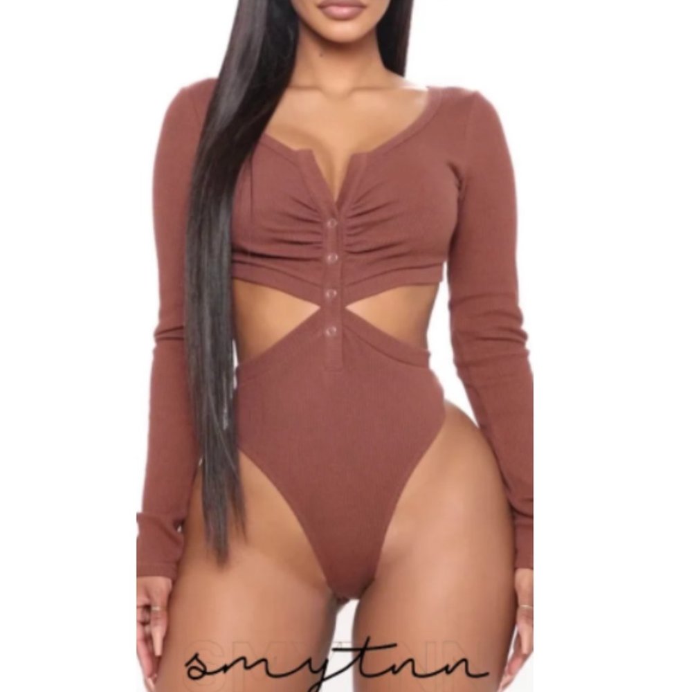 NWT Brown Long Sleeve Cut Out Split Neck Button Jackie Bodysuit